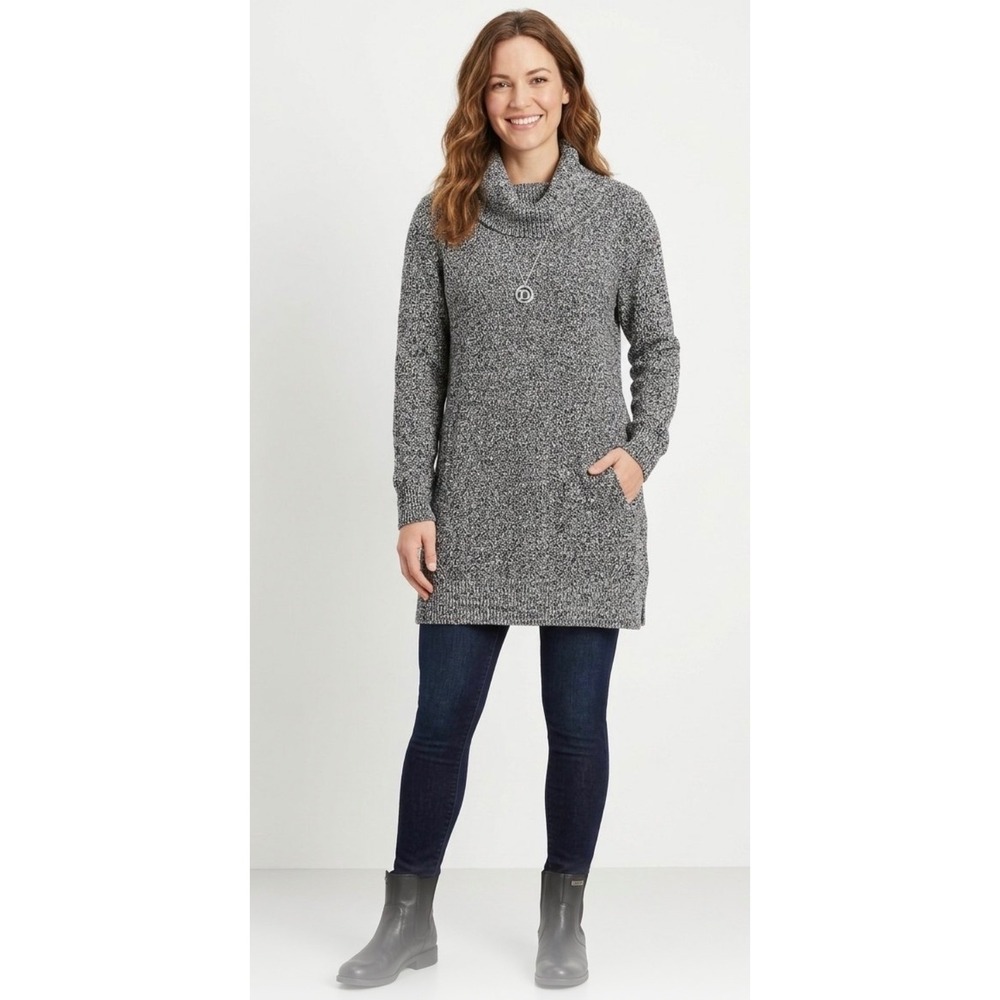 Duluth Trading Co Womens Marled Cowl Neck Tunic Sweater Black White Large